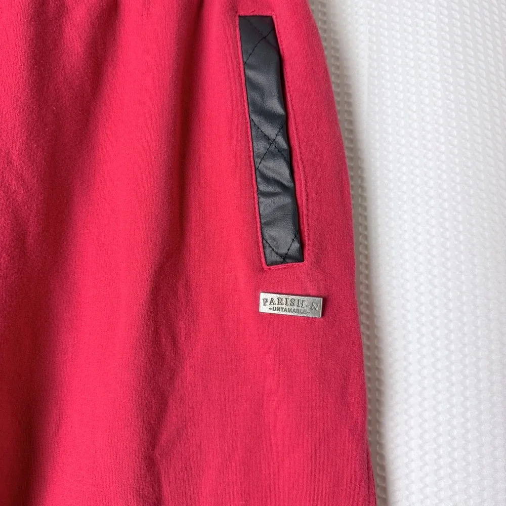 Parish Nation Joggers Men XL Red Streetwear Quilted Faux Leather Trim Moto Pants